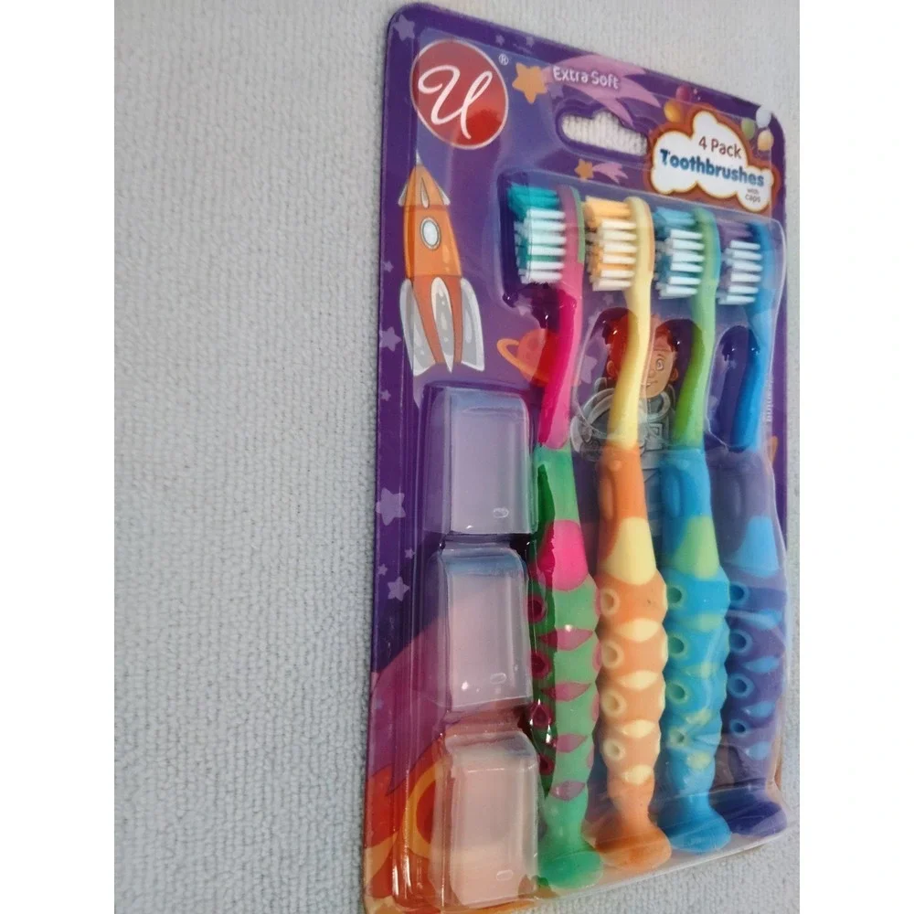 U Extra Soft Toothbrushes 4 Pack w/ Caps Anti-Slip Handle Ages 2-6